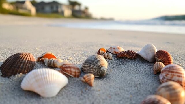 Heart-shaped shell arrangement on the beach at sunset