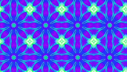 Seamless psychedelic kaleidoscope pattern with neon green, pink and orange mandala symmetry