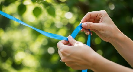 Woman tying blue ribbon with hands in natural green background