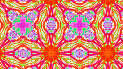 Seamless psychedelic kaleidoscope pattern with neon green, pink and orange mandala symmetry
