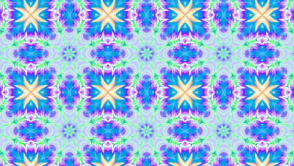 Seamless psychedelic kaleidoscope pattern with neon green, pink and orange mandala symmetry