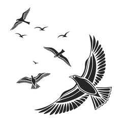 flying birds, flock of birds, bird silhouette, minimalist bird illustration, black and white bird icons, dynamic bird shapes, abstract avian forms, minimal bird graphics, stylized bird elements
