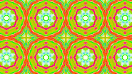 Seamless psychedelic kaleidoscope pattern with neon green, pink and orange mandala symmetry