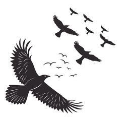 A flock of crows soaring through the sky, dramatic black silhouettes against a stark white background, intricate wing details, powerful and ominous presence, moody and atmospheric, cinematic lighting,