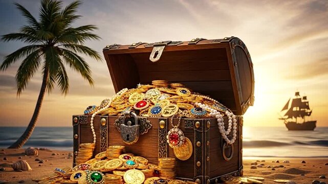 Gleaming gold treasure spills from open pirate chest, fantasy adventure awaits