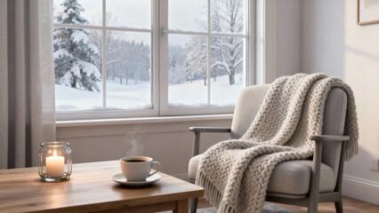 Modern digital illustration of a cozy winter interior with a snowy landscape outside the window. Features cup of coffee, warm blanket, candlelight, and soft pastel tones. Minimalist aesthetic
