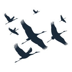 a flock of black silhouetted cranes or storks flying in the sky, minimalist, digital art, dark shadowy abstract shapes, serene and graceful, simple and elegant, black and white, high contrast, minimal