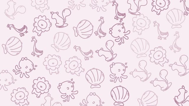 Outlined cartoon drawings of animals and shells on a pink background, ideal for childrens educational materials or beach themed designs. Perfect for kidfriendly projects.