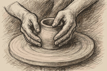 Clay wet illustration spinning vector hands shaping bold lines sketch smudged pottery