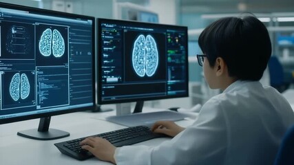 Young scientist analyzes brain scans at modern lab - Powered by Adobe