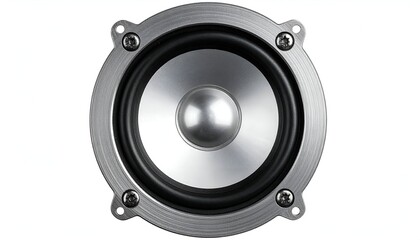 A close-up, centered view of a silver speaker with a metallic frame