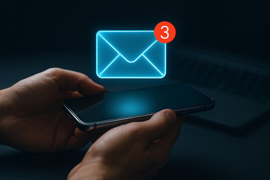 Hands holding a mobile phone in a dark setting, displaying a luminous mail icon with an unread notification counter, representing incoming digital messages