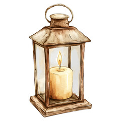 Rustic Watercolor Lantern with a Lit Candle Clipart
