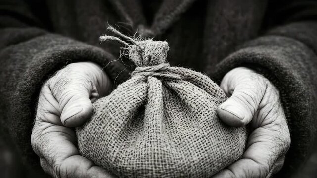 Hands holding a burlap sack in black and white photo