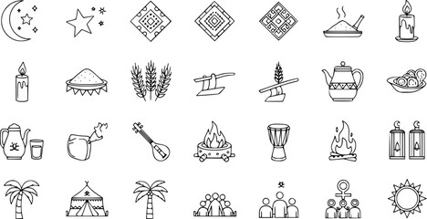 Line Art Vector Icons Set of Traditional Middle Eastern and Islamic Culture, Community, and Holiday Elements for Ramadan and Eid Celebrations
