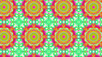 Seamless psychedelic kaleidoscope pattern with neon green, pink and orange mandala symmetry