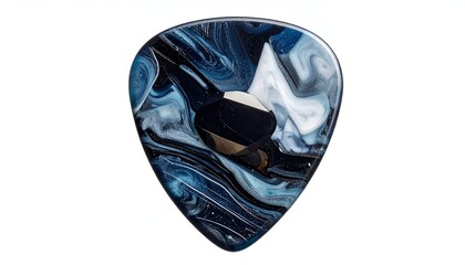 A blue and white swirled guitar pick with a reflective, metallic inset