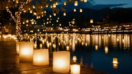 Magical lanterns glow over serene river at dusk, reflecting lights on tranquil water surface - Powered by Adobe