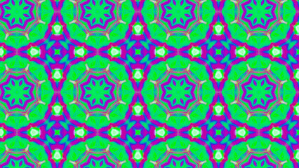 Seamless psychedelic kaleidoscope pattern with neon green, pink and orange mandala symmetry