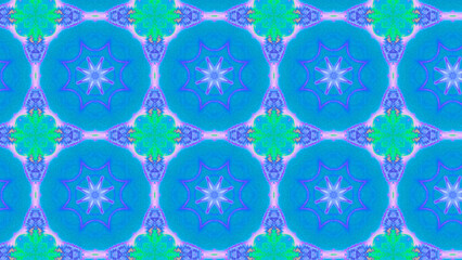 Seamless psychedelic kaleidoscope pattern with neon green, pink and orange mandala symmetry