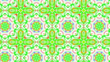 Seamless psychedelic kaleidoscope pattern with neon green, pink and orange mandala symmetry
