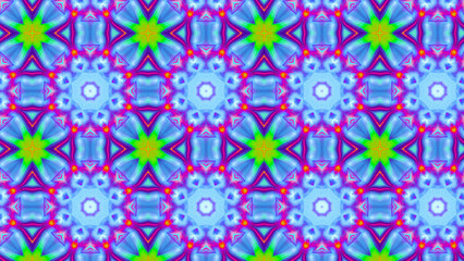 Seamless psychedelic kaleidoscope pattern with neon green, pink and orange mandala symmetry