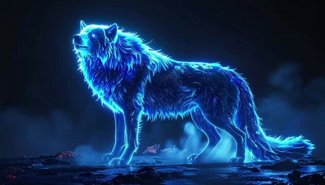 Holographic wolf made of blue light in dark background