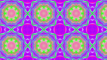 Seamless psychedelic kaleidoscope pattern with neon green, pink and orange mandala symmetry