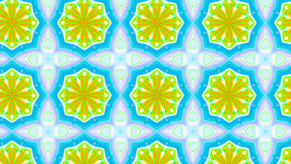 Seamless psychedelic kaleidoscope pattern with neon green, pink and orange mandala symmetry