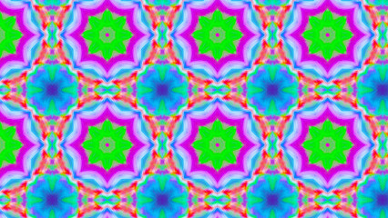 Seamless psychedelic kaleidoscope pattern with neon green, pink and orange mandala symmetry