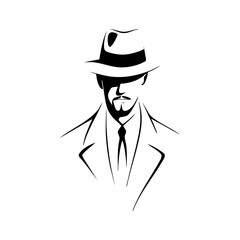 Stylish man in trench coat and fedora hat with shadowed face, symbolizing mystery, intelligence, and secrecy.