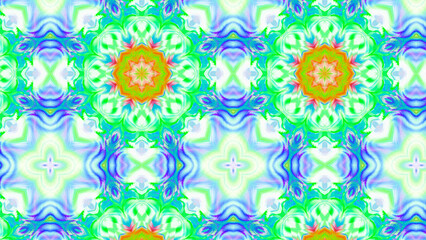 Seamless psychedelic kaleidoscope pattern with neon green, pink and orange mandala symmetry