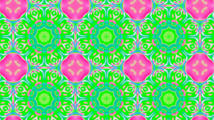 Seamless psychedelic kaleidoscope pattern with neon green, pink and orange mandala symmetry