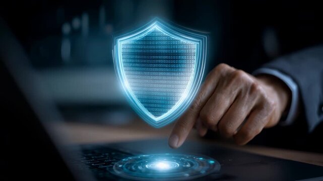 Businessman touching a digital holographic shield on laptop, representing data protection, cybersecurity, and trust in digital financial systems.
