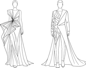 Elegant fashion design sketch, asymmetrical gown, structured bodice, pleated skirt, geometric coat, male formal wear, couture illustration, runway concept, modern style, artistic drawing