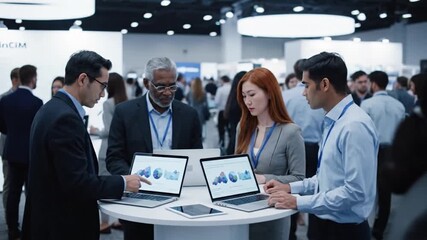 Diverse business professionals networking at a busy technology conference. - Powered by Adobe
