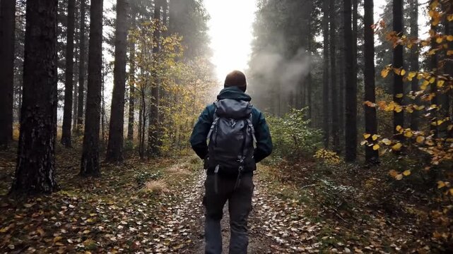 Continuous tracking shot of a lone hiker in a misty autumn forest.