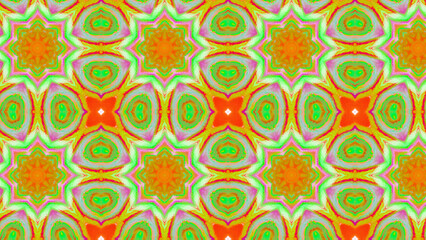 Seamless psychedelic kaleidoscope pattern with neon green, pink and orange mandala symmetry