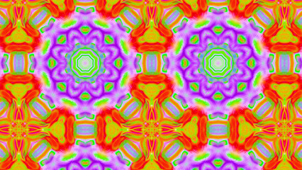 Seamless psychedelic kaleidoscope pattern with neon green, pink and orange mandala symmetry