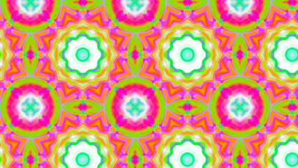 Seamless psychedelic kaleidoscope pattern with neon green, pink and orange mandala symmetry