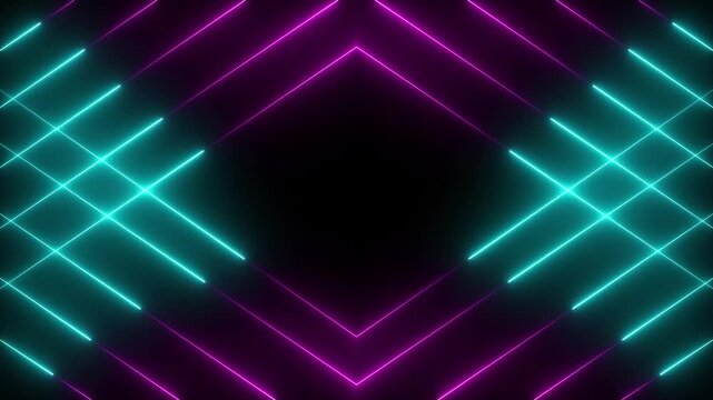 Glowing pink cyan neon lines moving diagonally to form a square at the center, smooth loop motion animation
