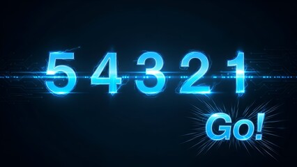 Blue Digital Numbers Counting Down with Go Exclamation in Futuristic Tech Style