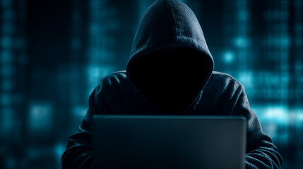 A photo of a hooded black-clad hacker criminal typing on a computer