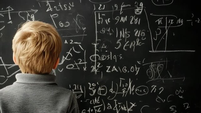 Young student solving math problems on a blackboard