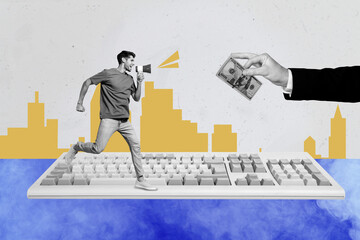 Banner image collage of person stand scream megaphone cash front retro key board on grey background with drawing city