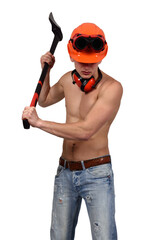 Man in safety gear working with an axe
