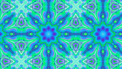 Seamless psychedelic kaleidoscope pattern with neon green, pink and orange mandala symmetry
