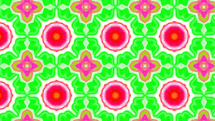 Seamless psychedelic kaleidoscope pattern with neon green, pink and orange mandala symmetry