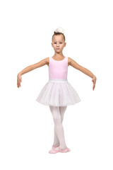 Little ballerina in classic pose wearing pink leotard and white tutu on white background.