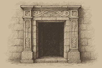 Fototapeta premium Volume etched carved strong stone doorway vector crosshatch illustration shading details